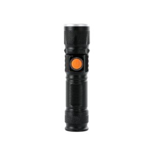 Lanterna com Zoom de Regulagem JR 1398 | três estágios de iluminação, material metálico. Acompanha cordão de nylon e cabo USB-V8.