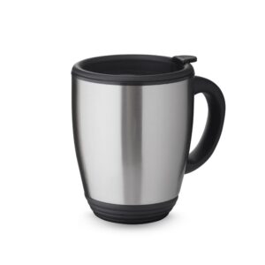 Caneca Inox com Pegador de Plástico JR 15017 | Possui tampa com vedação, bocal com trava de segurança e pegador de plástico.