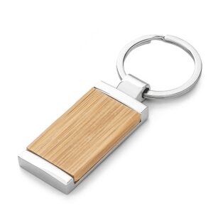 Chaveiro Metal Retangular JR 15003 | frente com detalhe em bambu e verso liso.